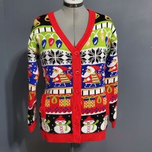 Christmas Cardigan Sweater Thick Button-Down Santa Snowman Lightbulb